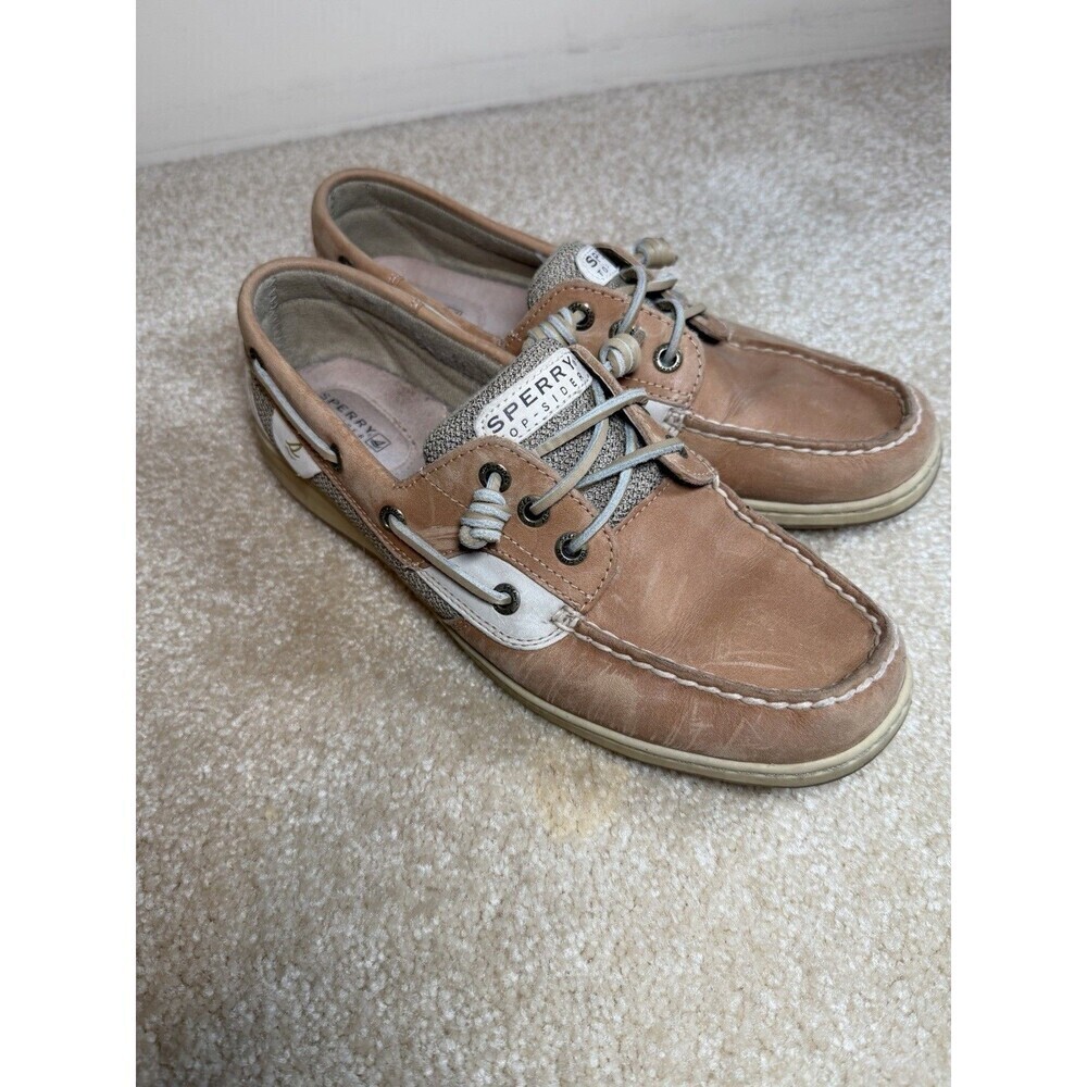 Sperry Songfish Women’s 9M Tan Leather Boat Shoes Loafers Oat Linen